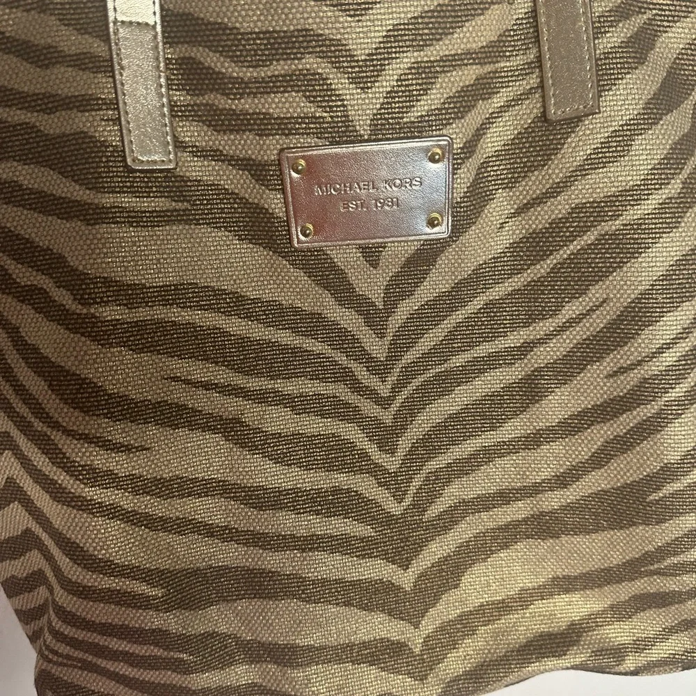 Michael Kors Zebra/Animal Print Metallic Gold and Beige Coated Canvas Tote